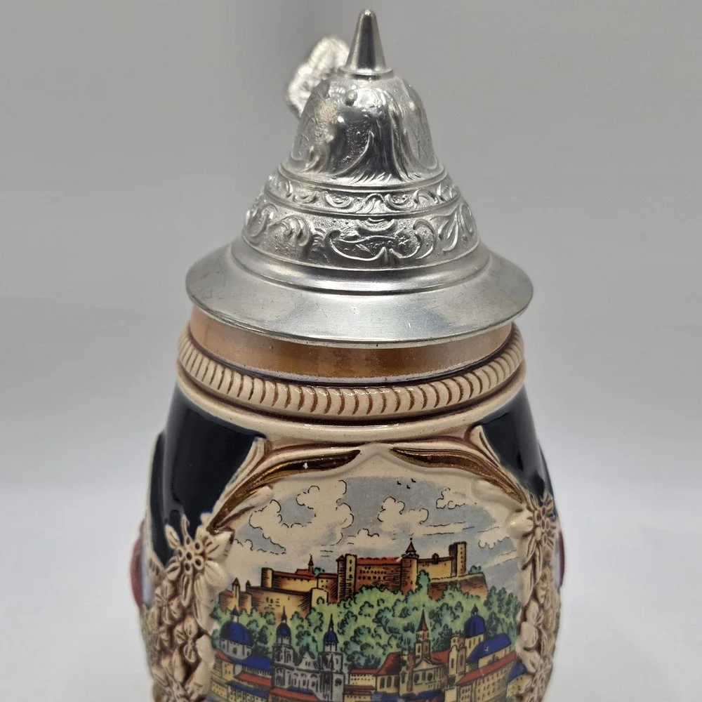Salzburg Austria Beer Stein Lidded Pewter Cobalt Blue Relief Edelweiss Alps Mug